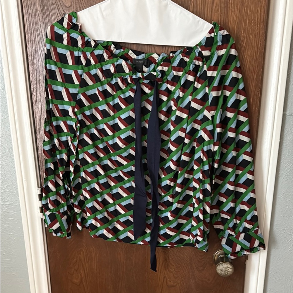 J. Crew Green and Black Tie Front Blouse with Sailor Collar